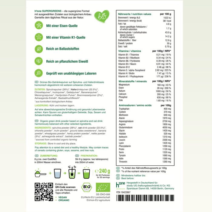 Echtes Nährwert-Etikett auf der h2one-SUPERGREENS-Packung